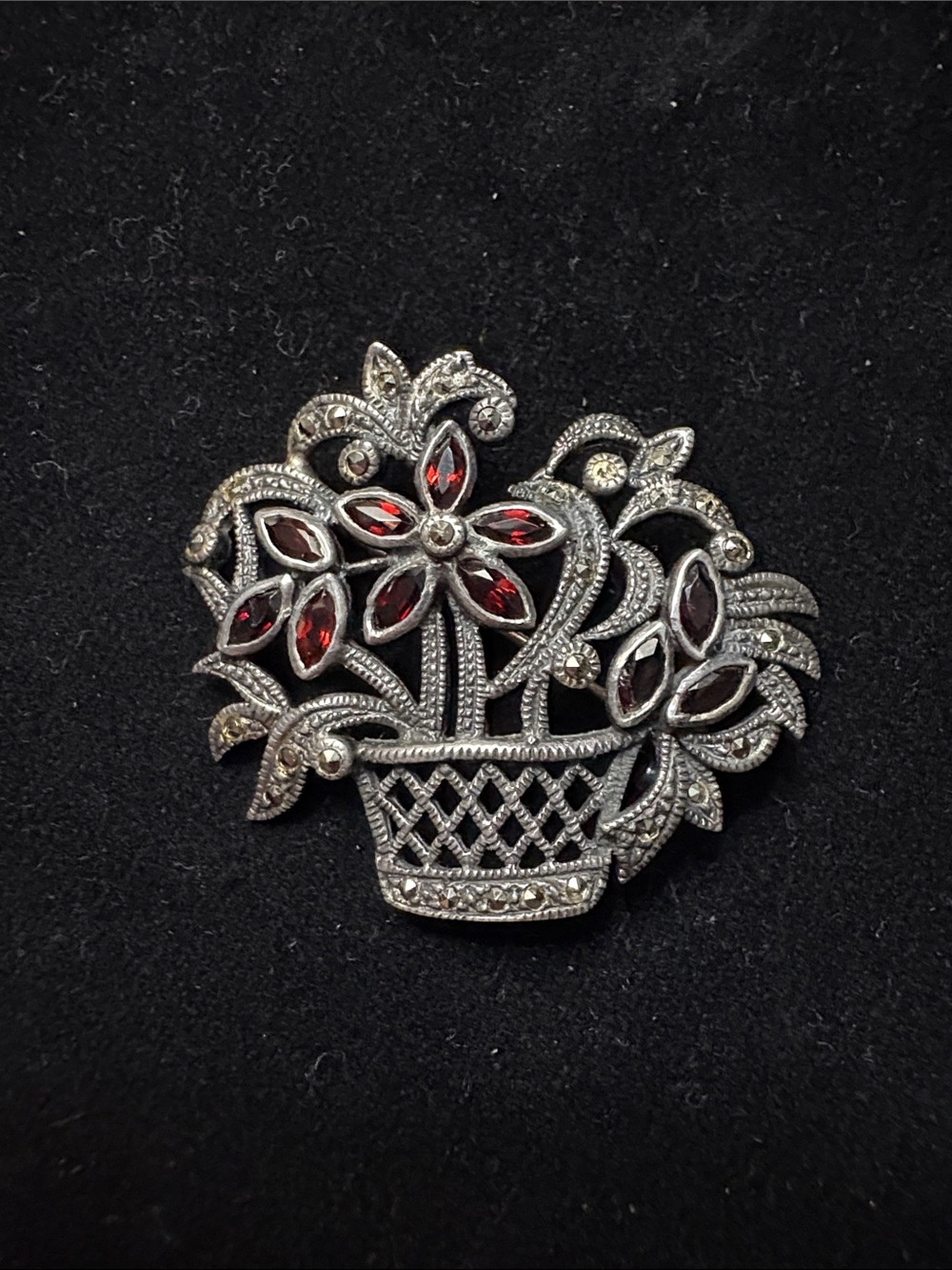 Vintage-Style Silver Basket Floral Brooch with Red Gem Accents